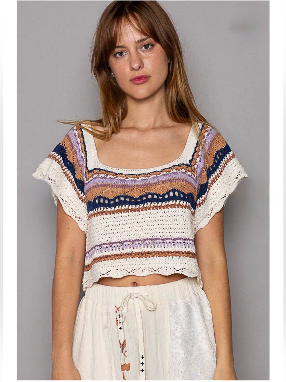 New: POL Boho Crochet Knit Striped Short Sleeve Crop Sweater• Large